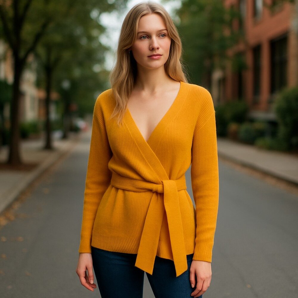 Stellah Mustard Yellow Wrap V-Neck Sweater